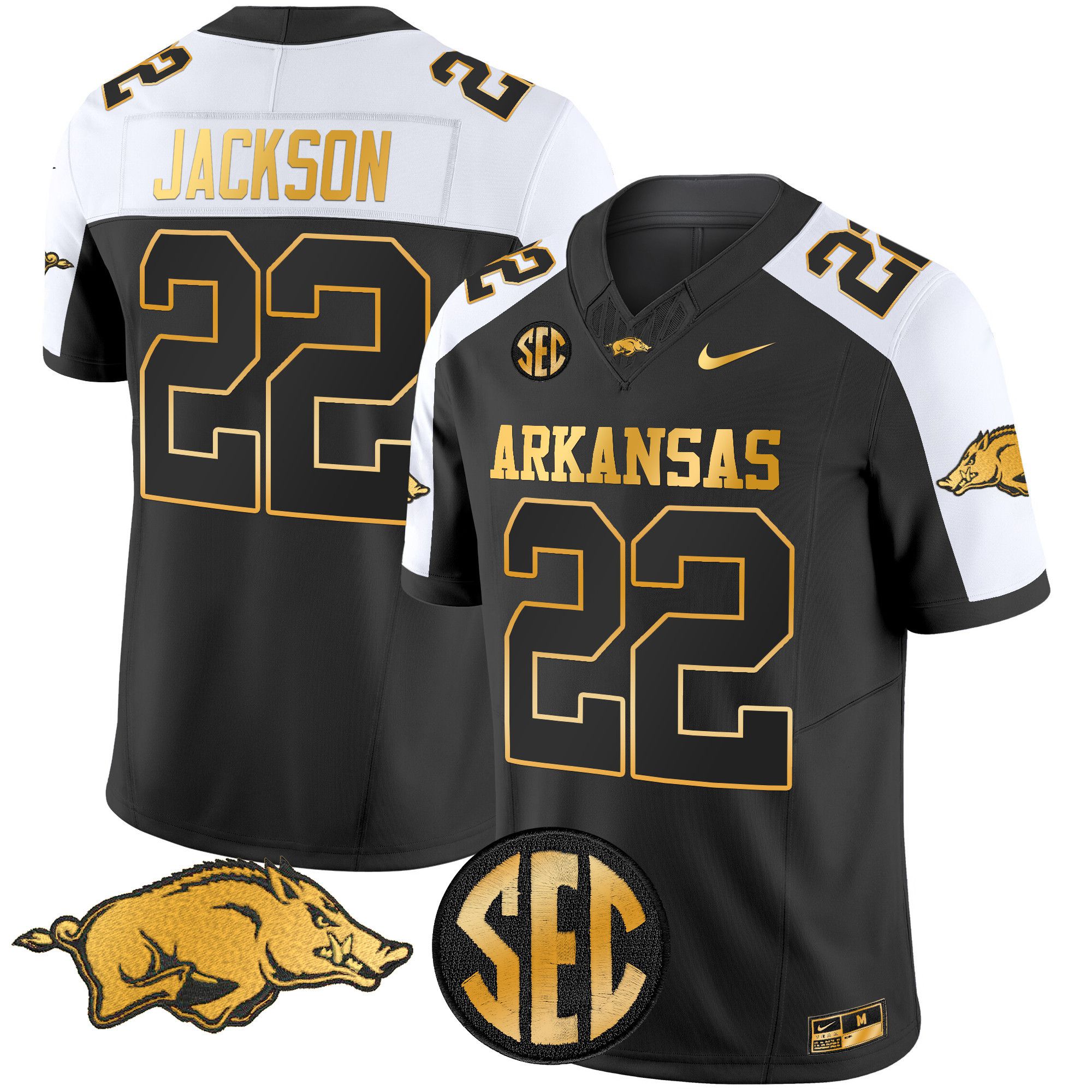 Men Arkansas Razorbacks #22 Jackson Black Nike 2024 Gold Vapor Limited NCAA Jersey